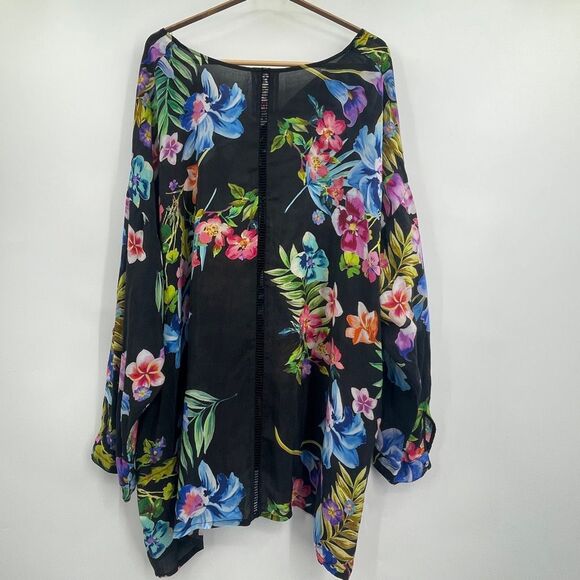 Johnny Was Black Floral Aruba Maeve Button Down Tunic Top Blouse Size 2X - Picture 6 of 8